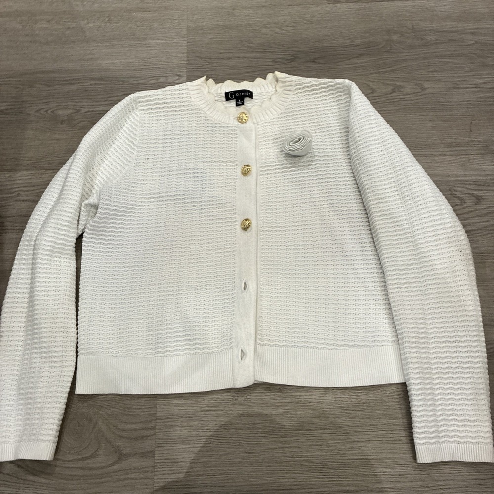 White Greige Button Up Cardigan Sweater Flower Acc | Size L | Missing 2 Buttons